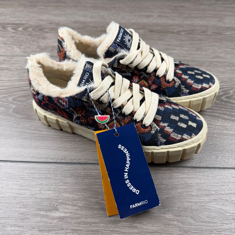 Farm Rio Womens Sneakers Tapestry Faux Fur Platform Multi 6.5
